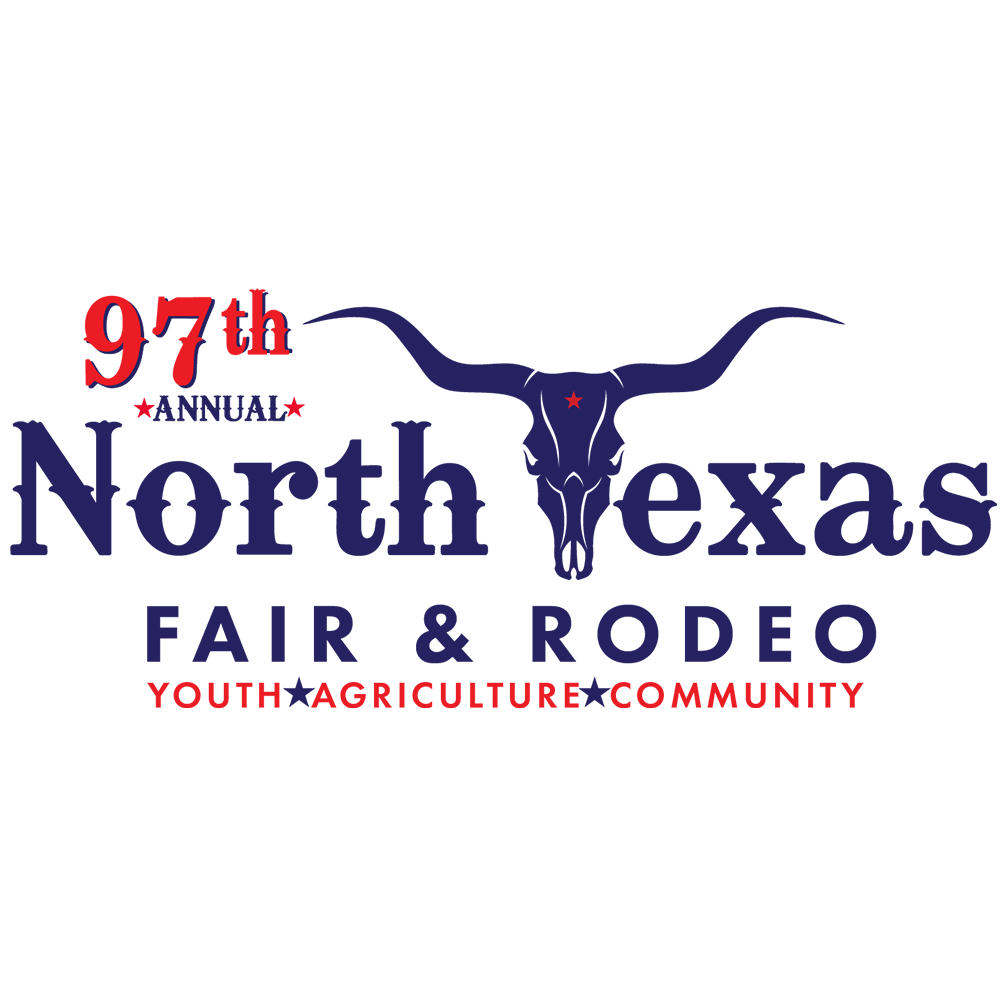 Logo for the 97th Annual North Texas Fair & Rodeo, featuring a stylized longhorn skull with a star, bold red and blue typography, and themes of youth, agriculture, and community