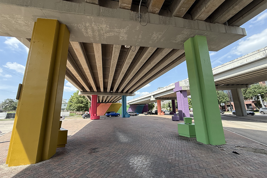 Colored pillars and walls under freeway overpass